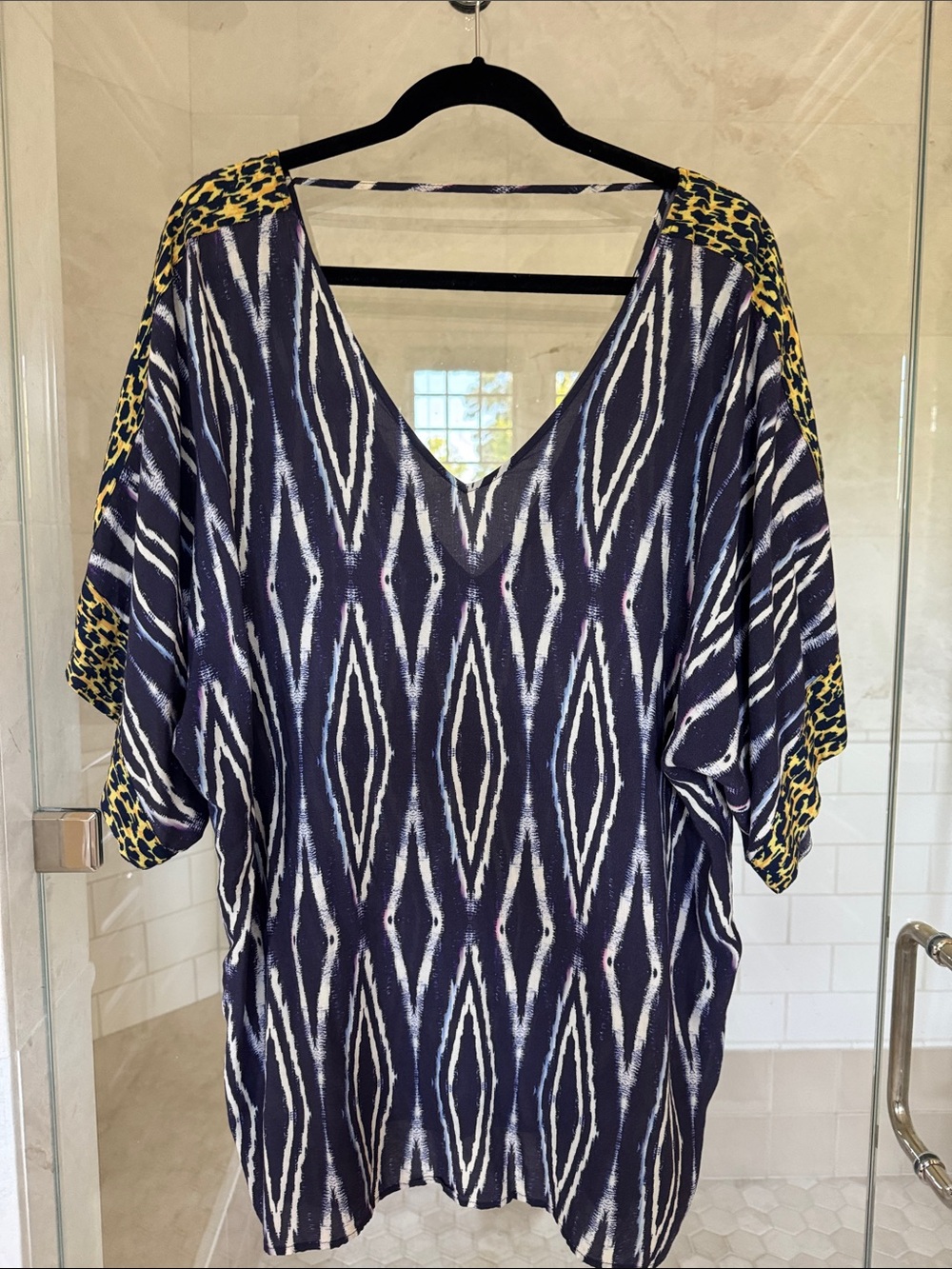 Women's Navy Ikat V-Neck Swim Coverup with Animal Print Accent